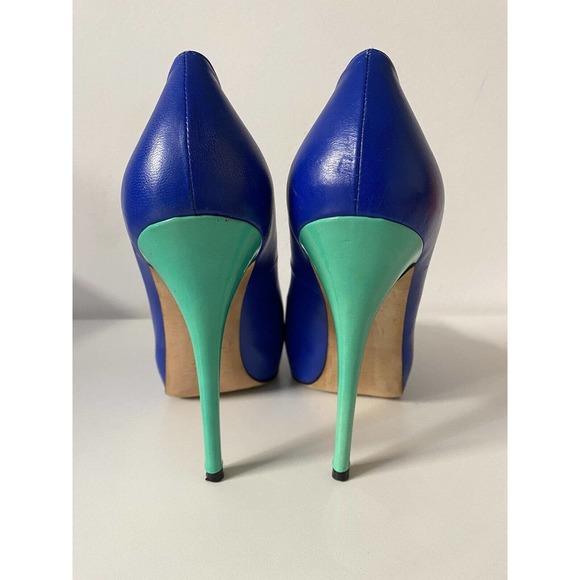 Stuart Weitzman Victoria Pump Ultramar Blue Colorblock Peep Toe Leather … - Picture 5 of 12